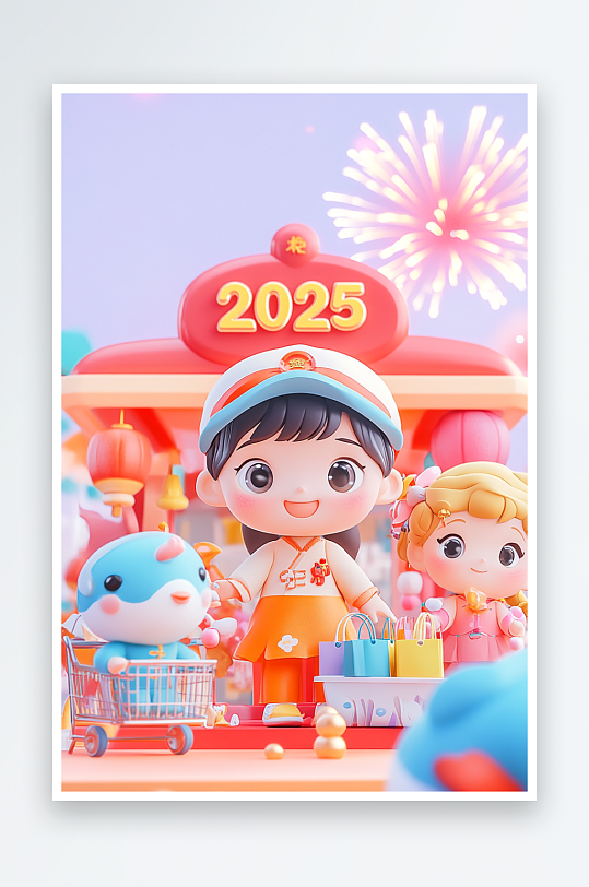 AI购物年货2025年新年元旦卡通背景图-众图网
