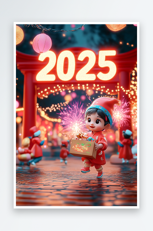 AI购物年货2025年新年元旦卡通背景图