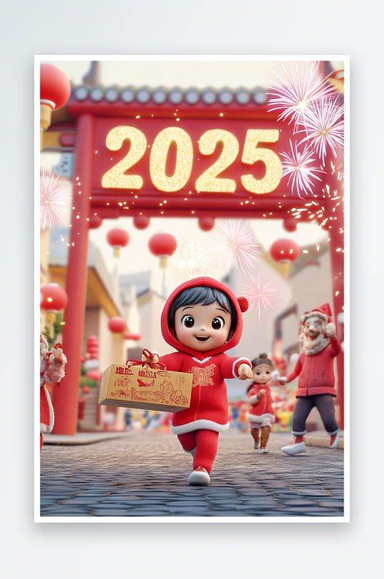 AI购物年货2025年新年元旦卡通插画背景图