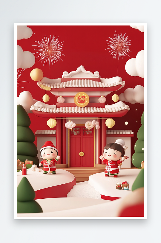AI煙花雪花2025年新年元旦卡通背景圖