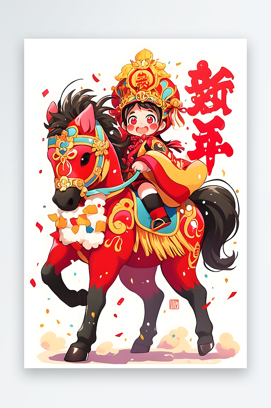 AI汉服2026年喜庆丙午年马年卡通插画