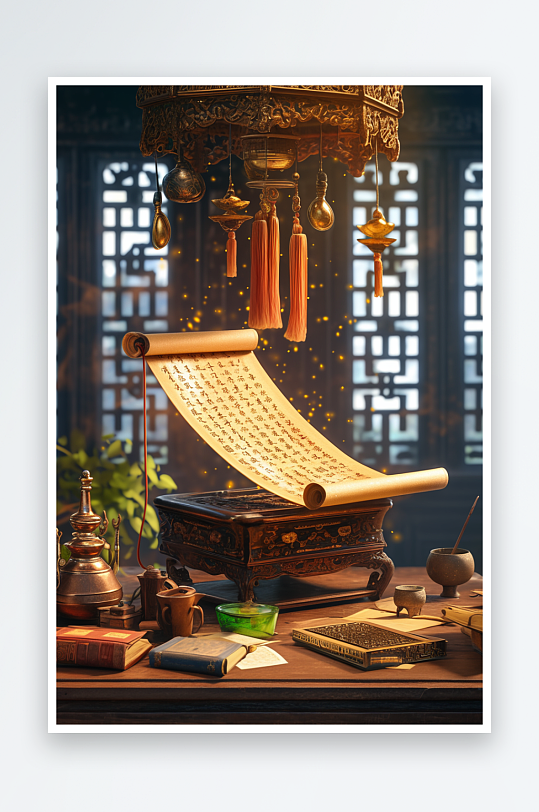 AI数字艺术新中式美学画轴背景图中国画