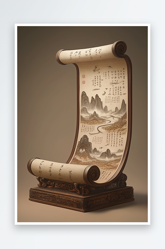 AI山水新中式美学画轴背景图中国画