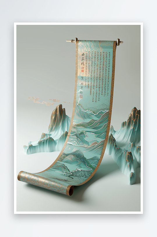 AI山水新中式美学画轴卷轴国潮山水画背景图中国画