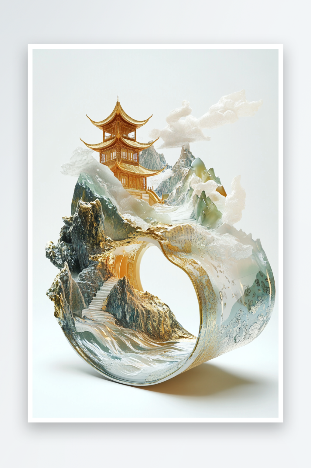 AI古人新中式美学画轴卷轴国潮山水画背景图中国画素材