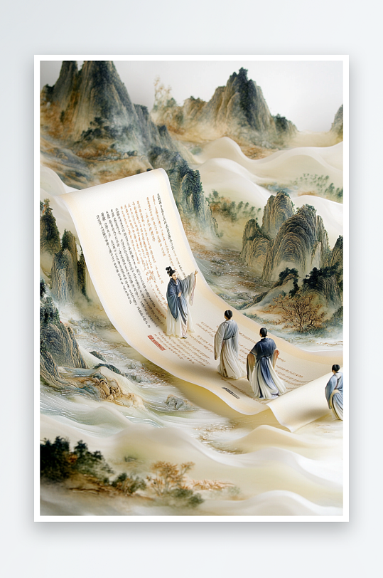 AI悬浮新中式美学中国风教师节插画画轴卷轴国潮山水画背景图中国画