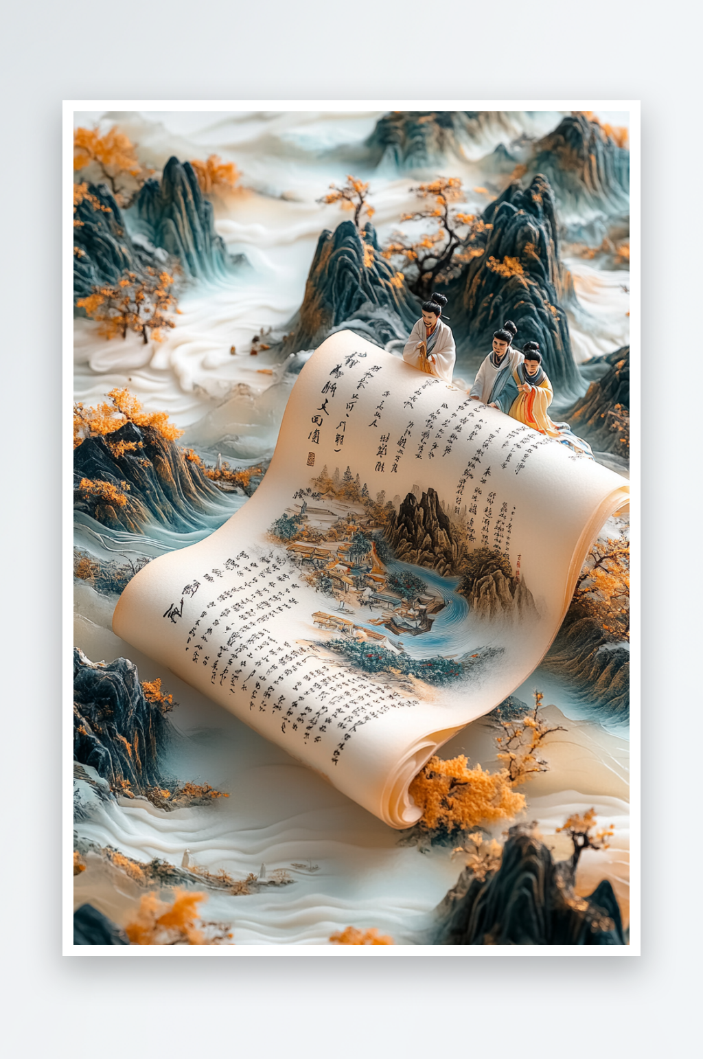 AI懸浮新中式美學(xué)畫軸卷軸國潮山水畫背景圖中國畫素材