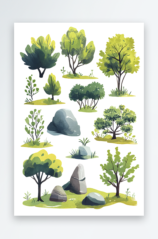 AI树木绿色大树植物组合插画元素