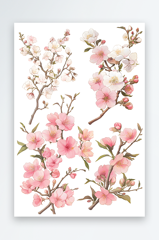 AI手绘水墨梅花桃花树枝组合元素图像