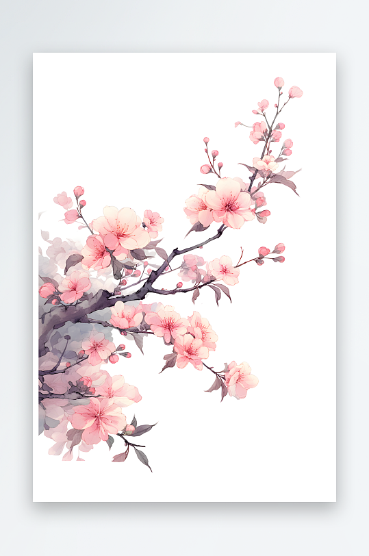 AI手绘水墨梅花桃花树枝组合元素图像