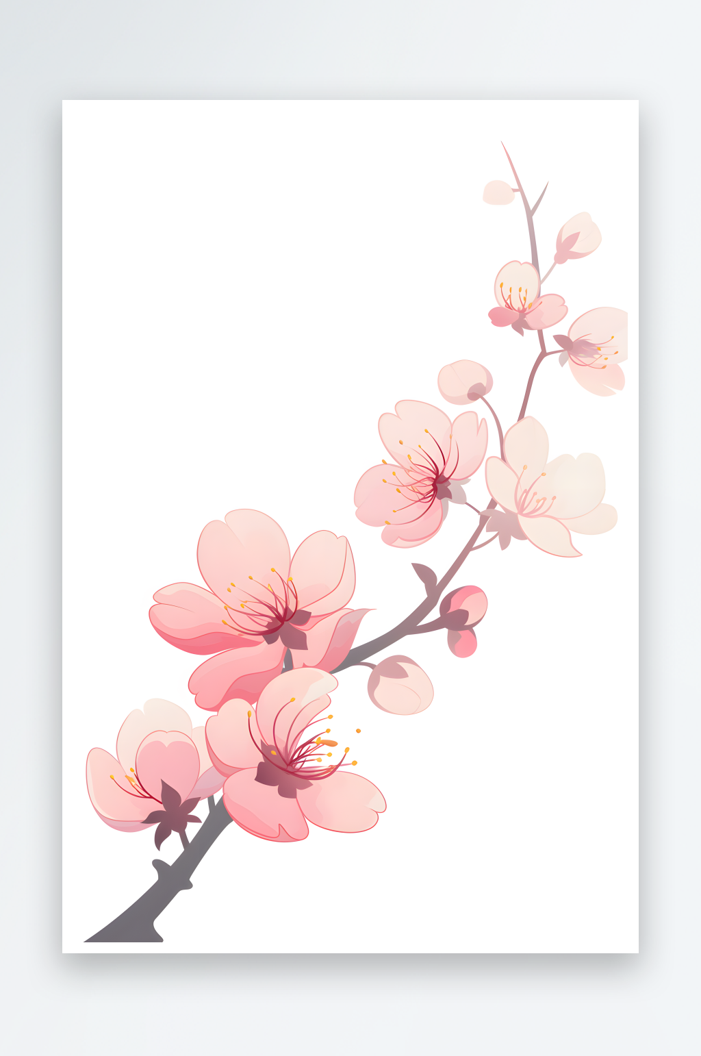 AI手绘水墨梅花桃花树枝组合元素图像素材