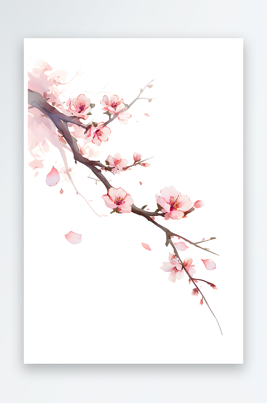AI手绘水墨梅花桃花树枝组合元素图像