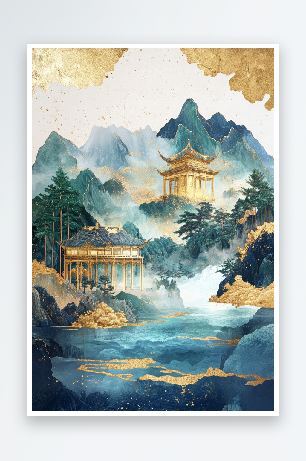 AI蓝山亭树中式鎏金山水画背景素材下载-众图网