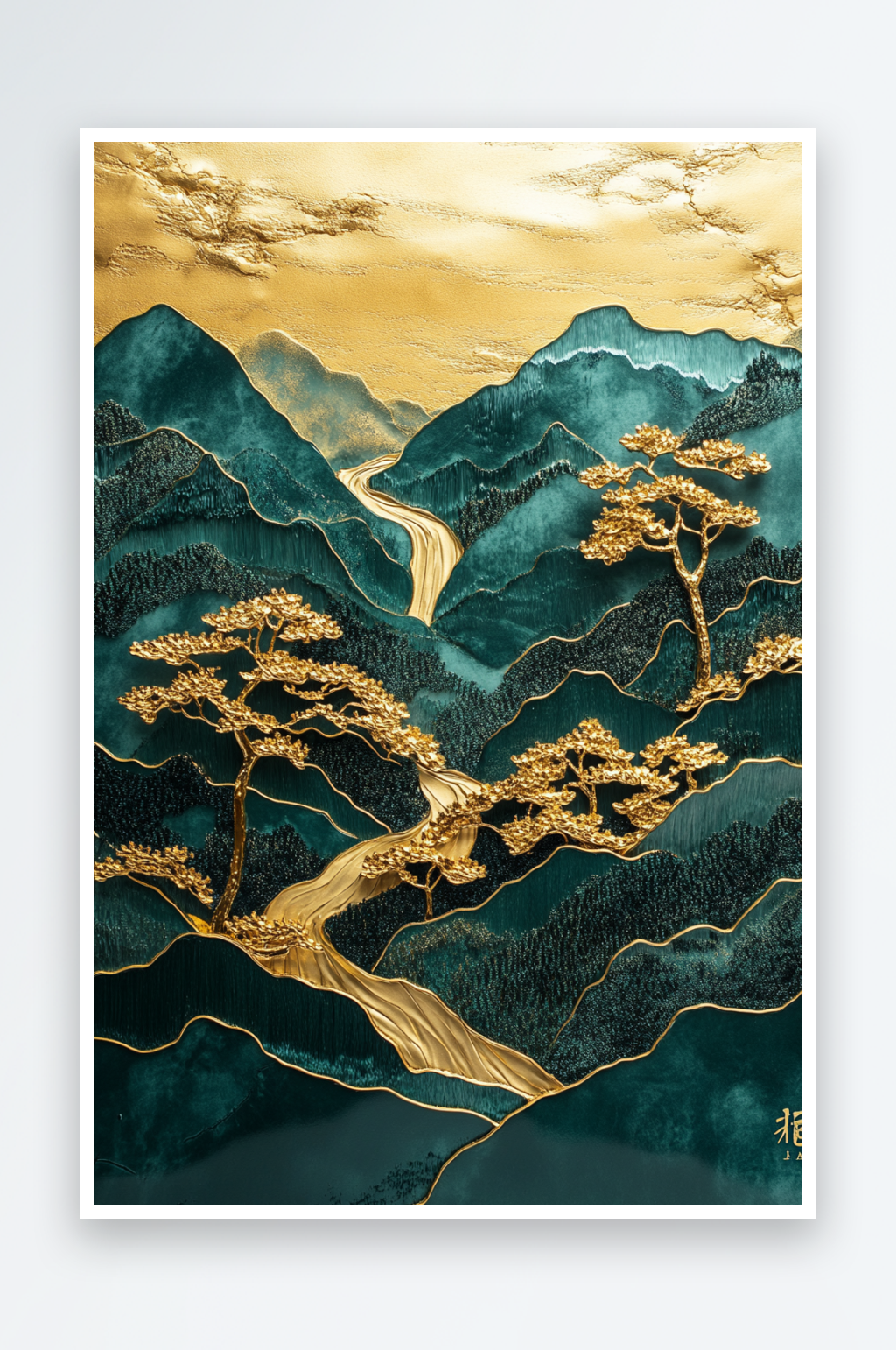 AI明月青山中式鎏金山水画背景素材