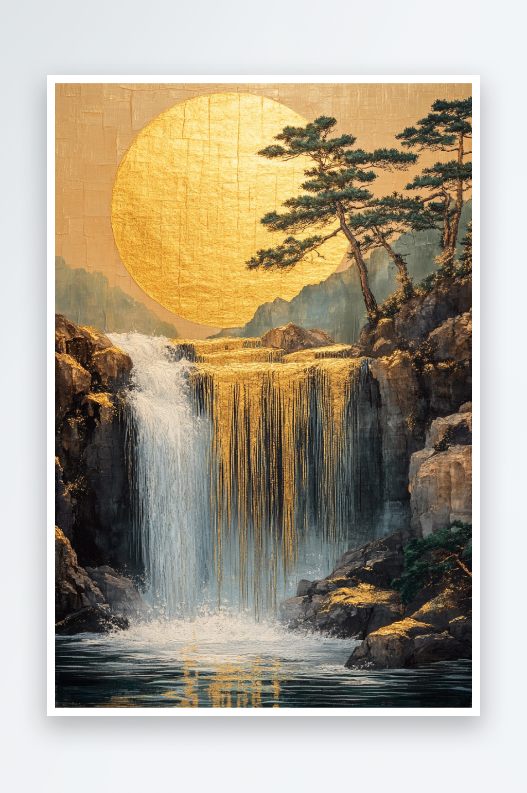 AI明月青山中式鎏金山水画背景素材