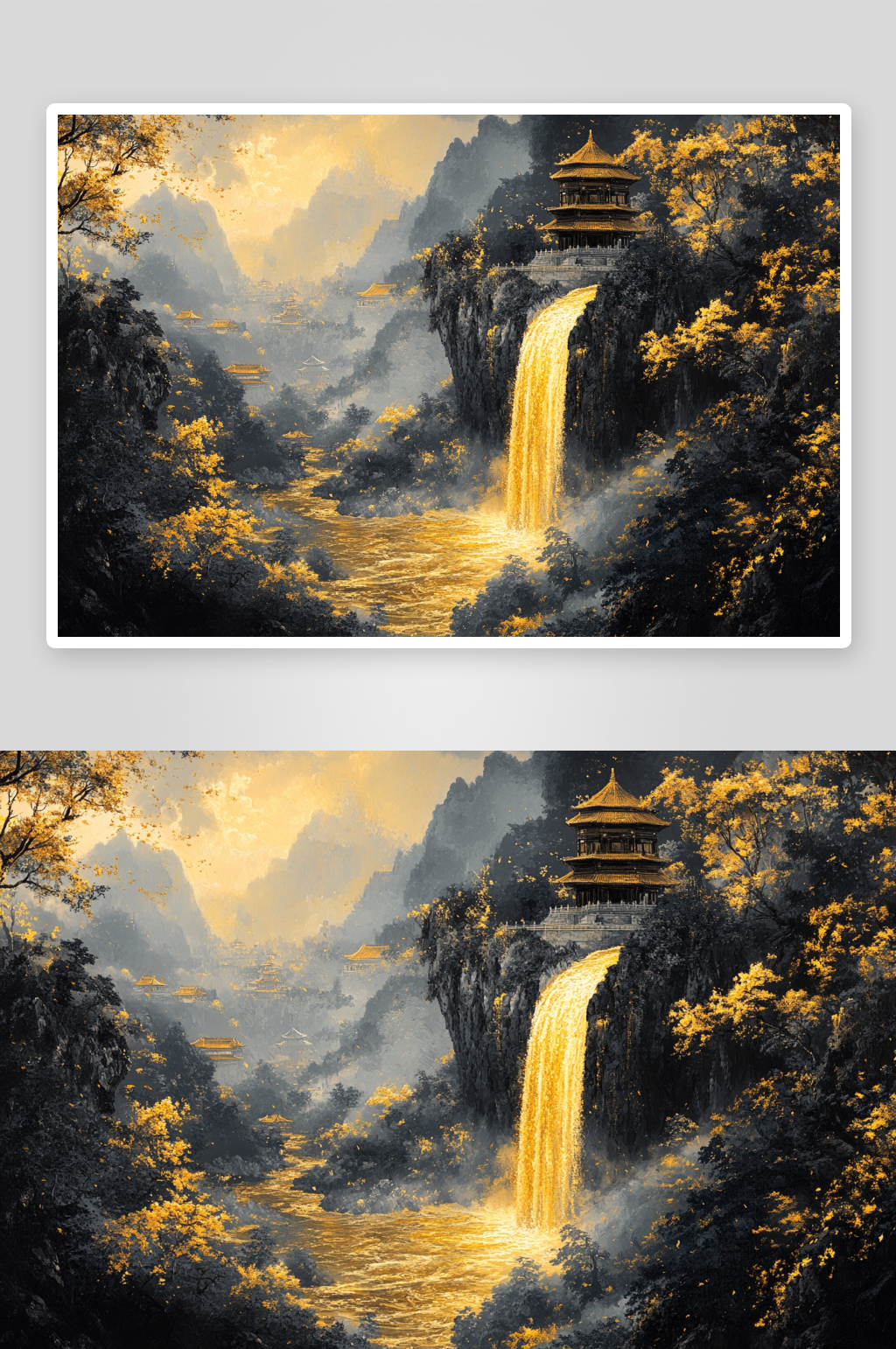 AI鎏金瀑布中式鎏金山水画背景素材