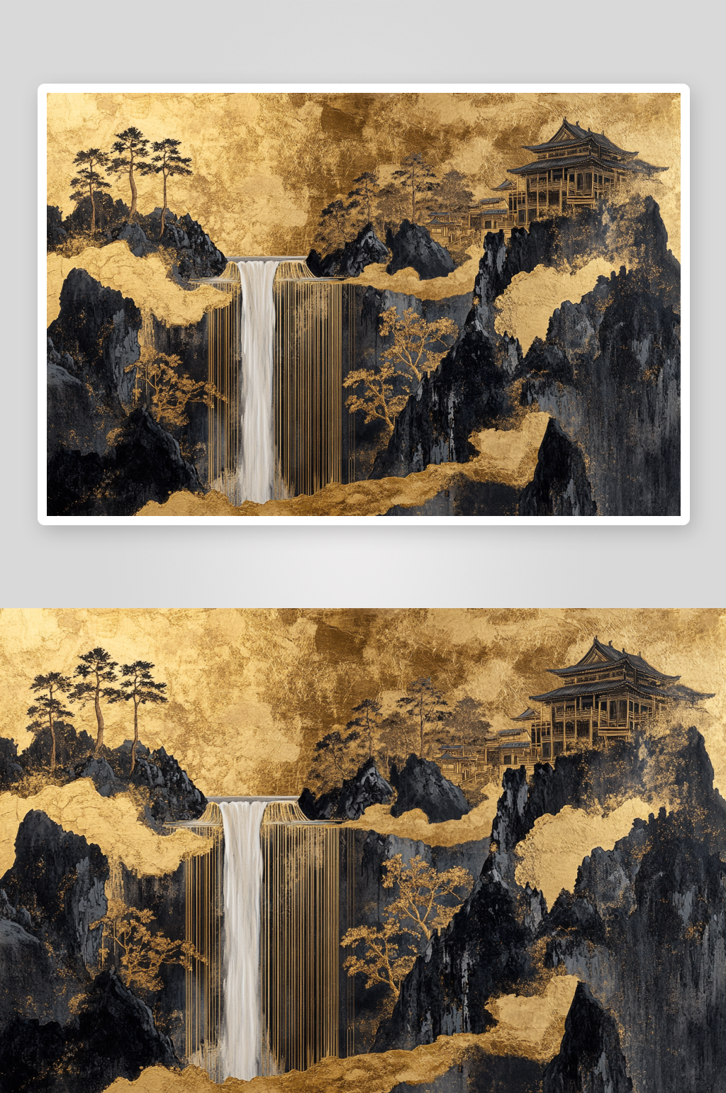 AI鎏金瀑布中式鎏金山水画背景素材