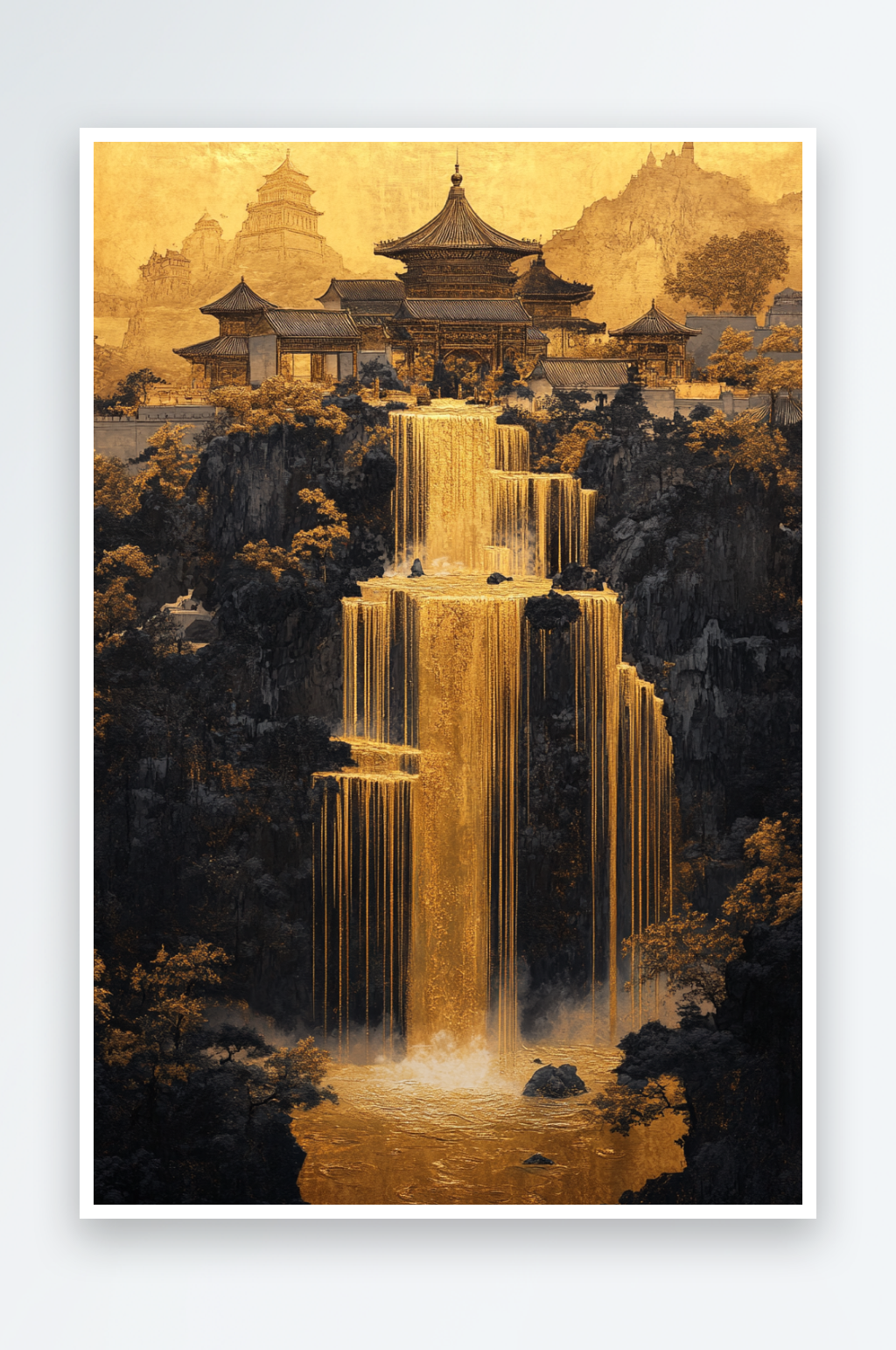 AI鎏金瀑布中式鎏金山水画背景素材