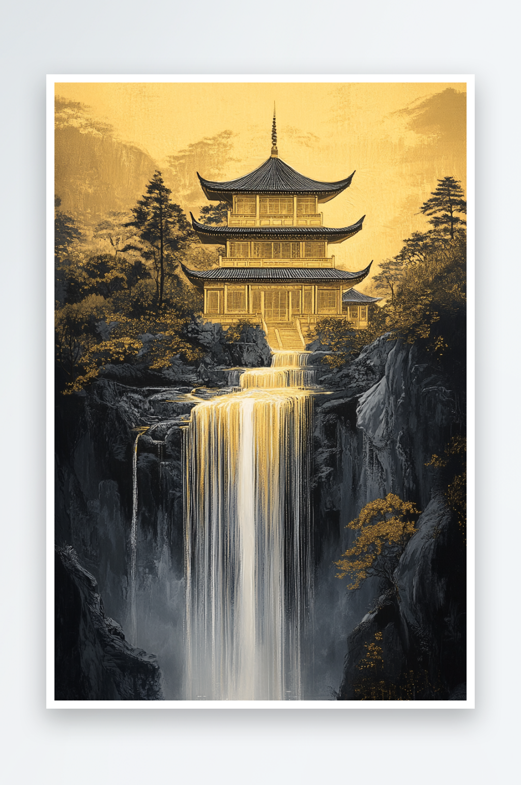 AI鎏金瀑布中式鎏金山水画背景素材
