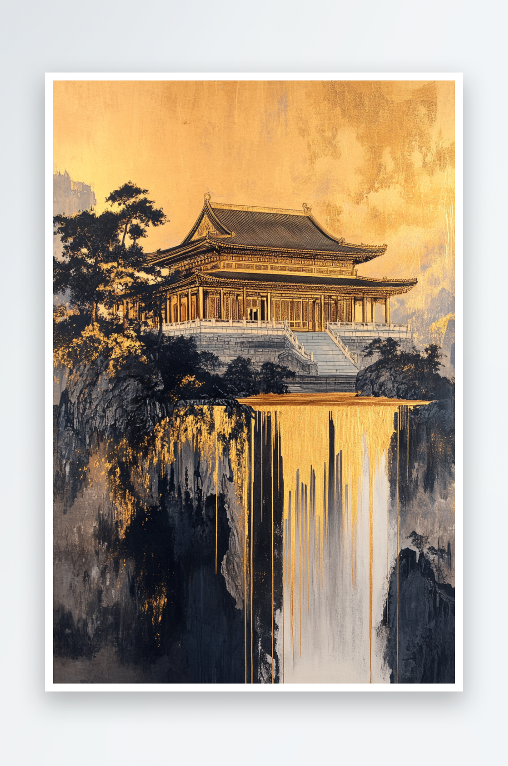 AI鎏金瀑布中式鎏金山水画背景素材下载-众图网