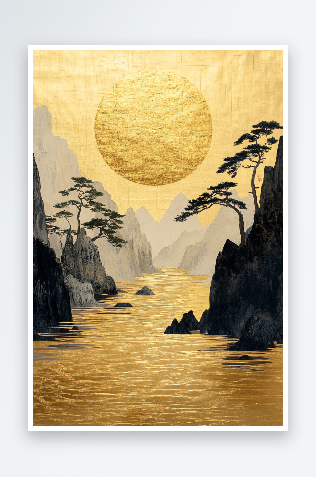 AI鎏金瀑布中式鎏金山水画背景素材