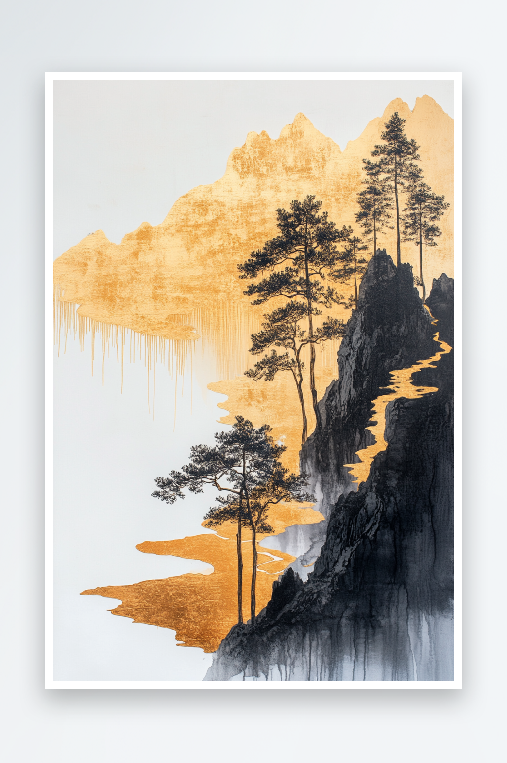 AI鎏金瀑布中式鎏金山水画背景素材