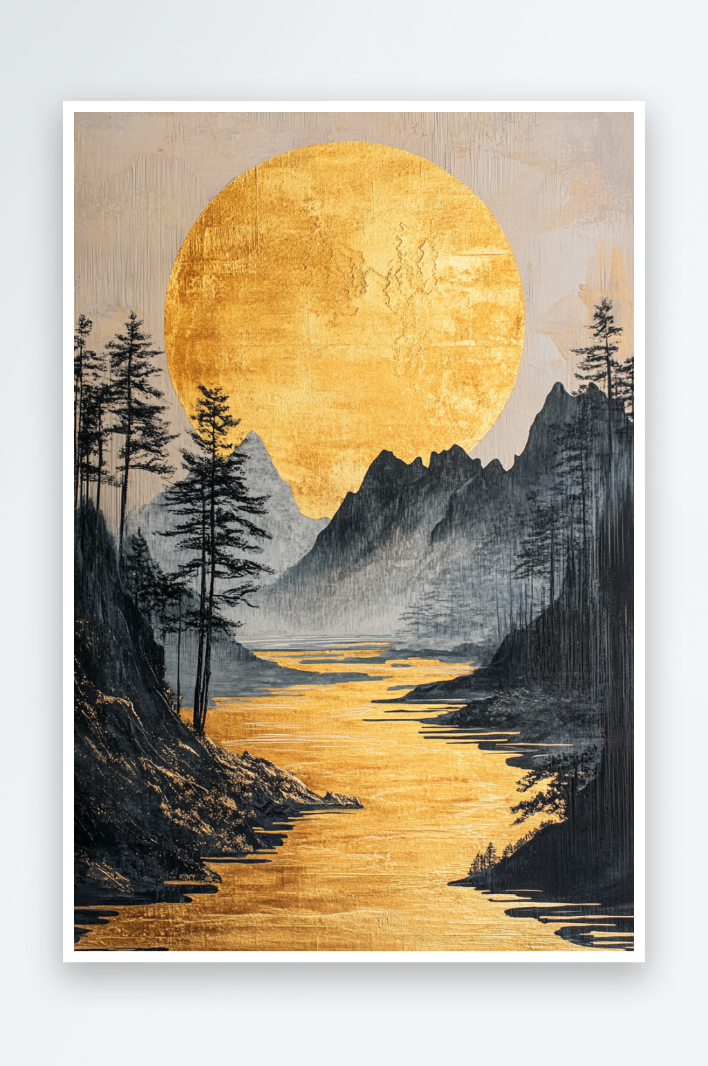 AI鎏金瀑布中式鎏金山水画背景素材
