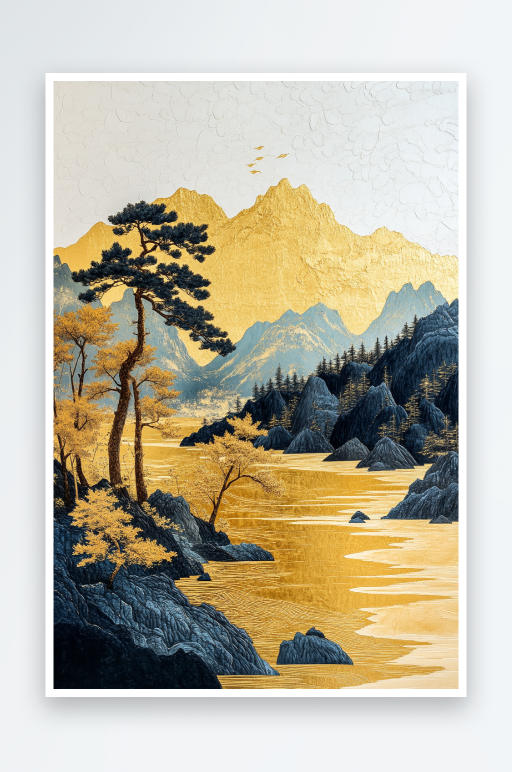 AI黑色山中式鎏金山水画背景素材