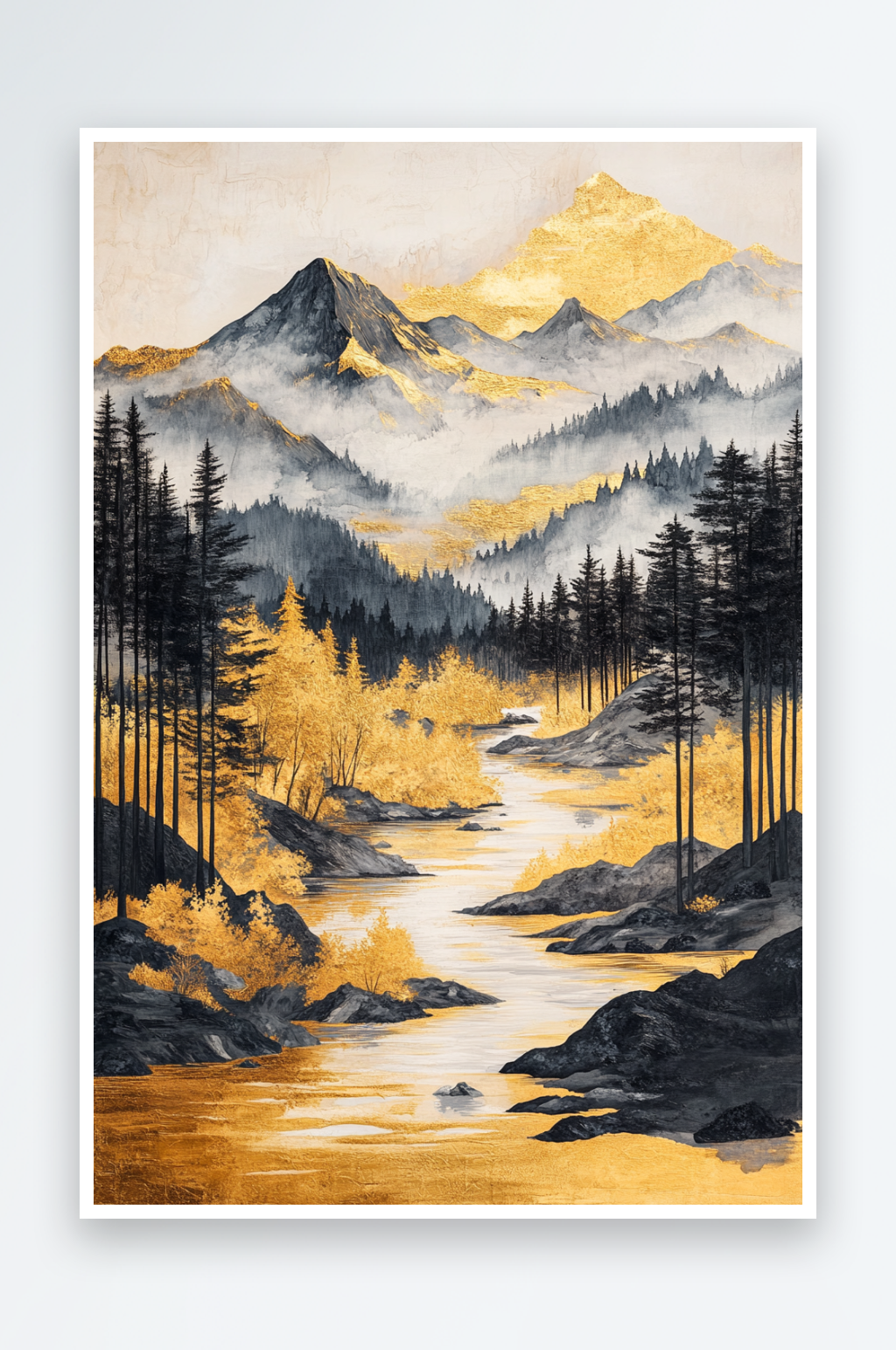 AI黑色山中式鎏金山水画背景素材