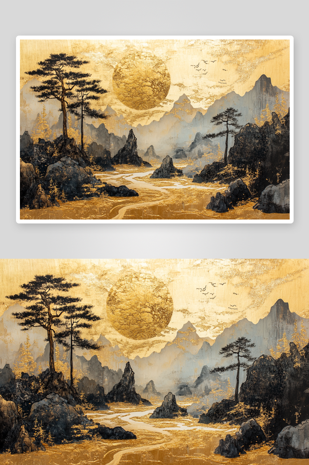 AI黑色山中式鎏金山水画背景素材