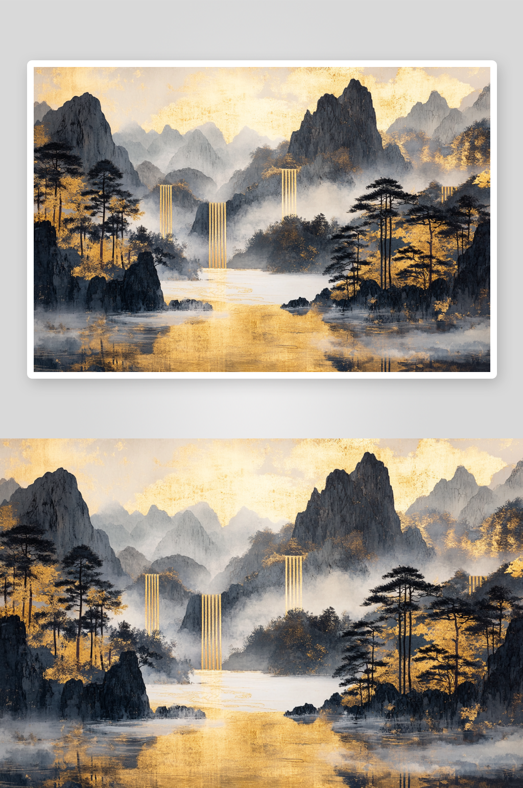 AI黑色山中式鎏金山水画背景素材下载-众图网