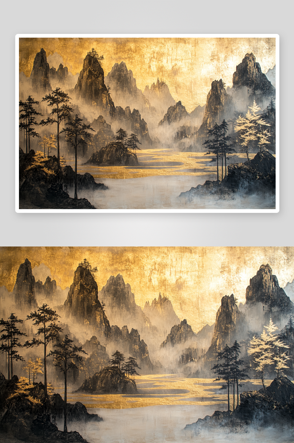 AI黑色山中式鎏金山水画背景素材