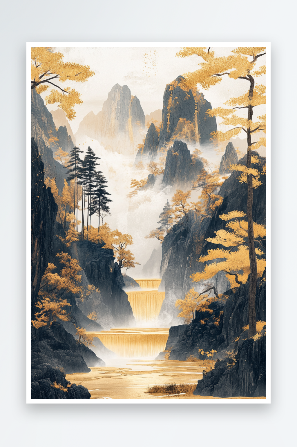 AI黑色山中式鎏金山水画背景素材