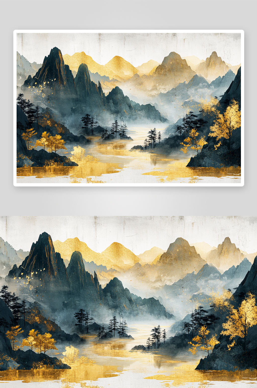 AI黑色山中式鎏金山水画背景素材
