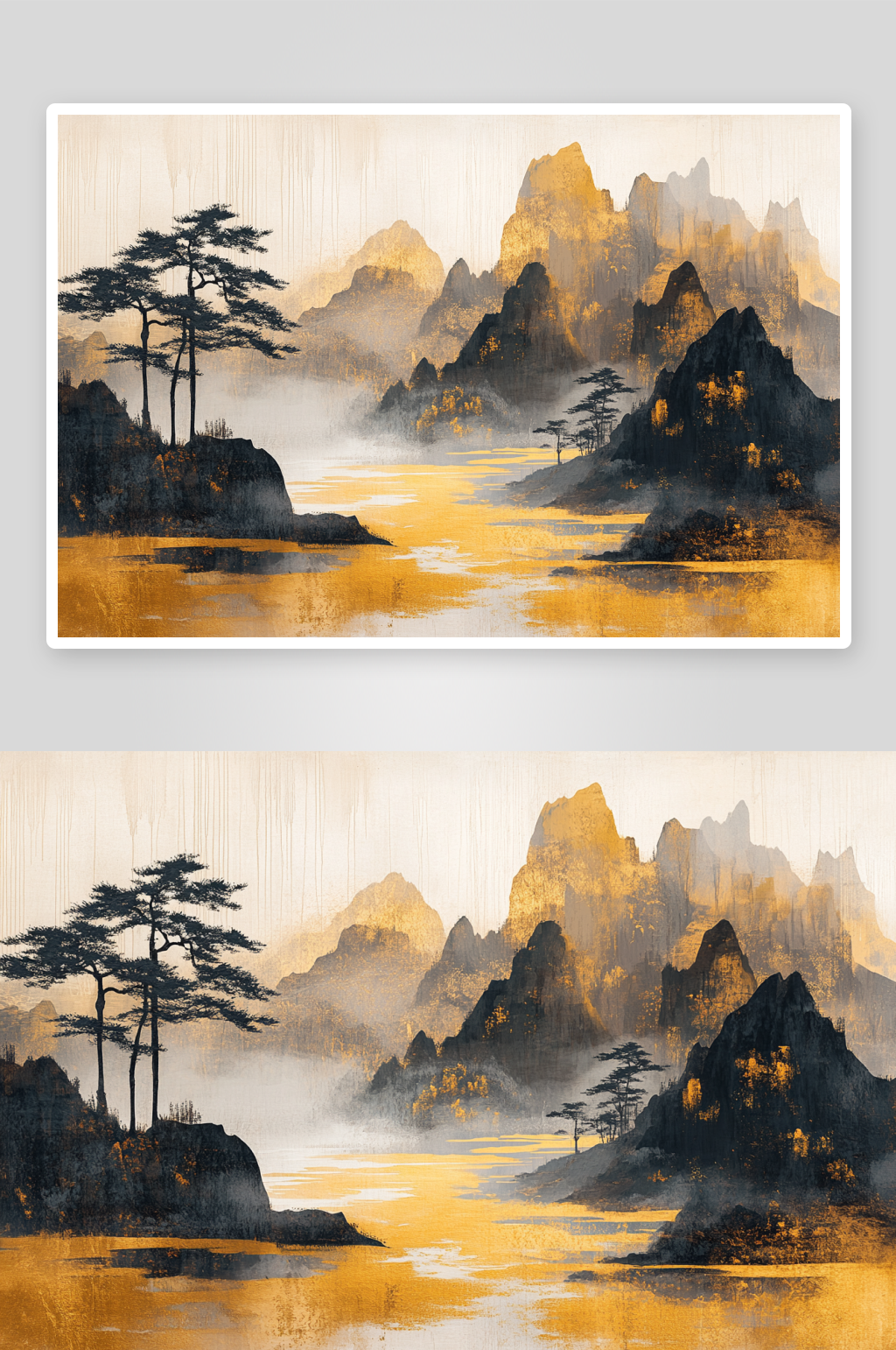 AI黑色中式鎏金山水画背景素材