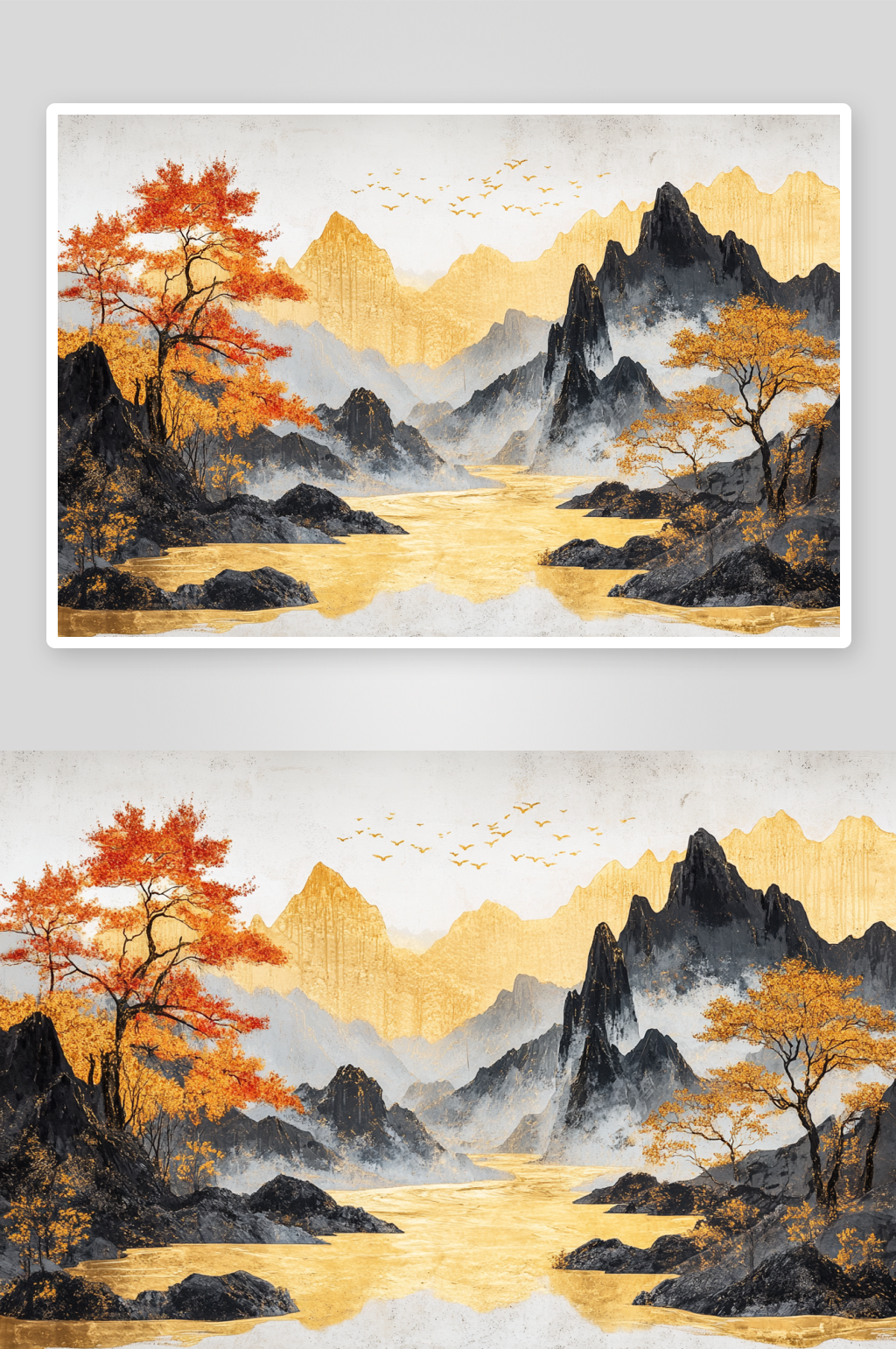 AI黑色中式鎏金山水画背景素材