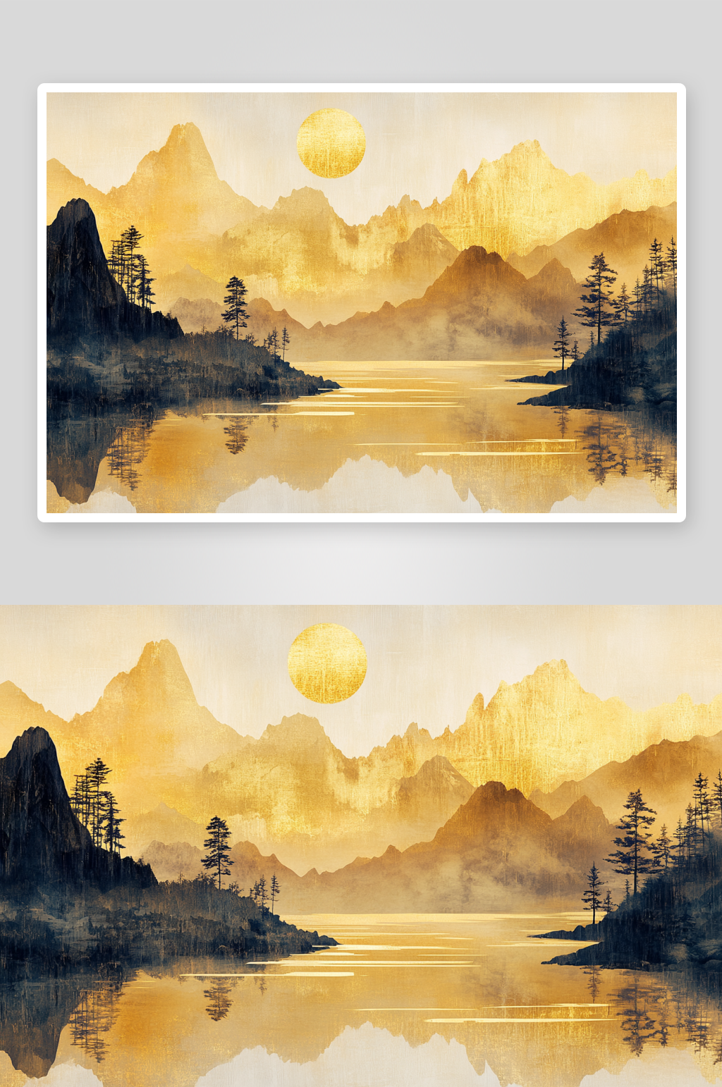 AI黑色中式鎏金山水画背景素材