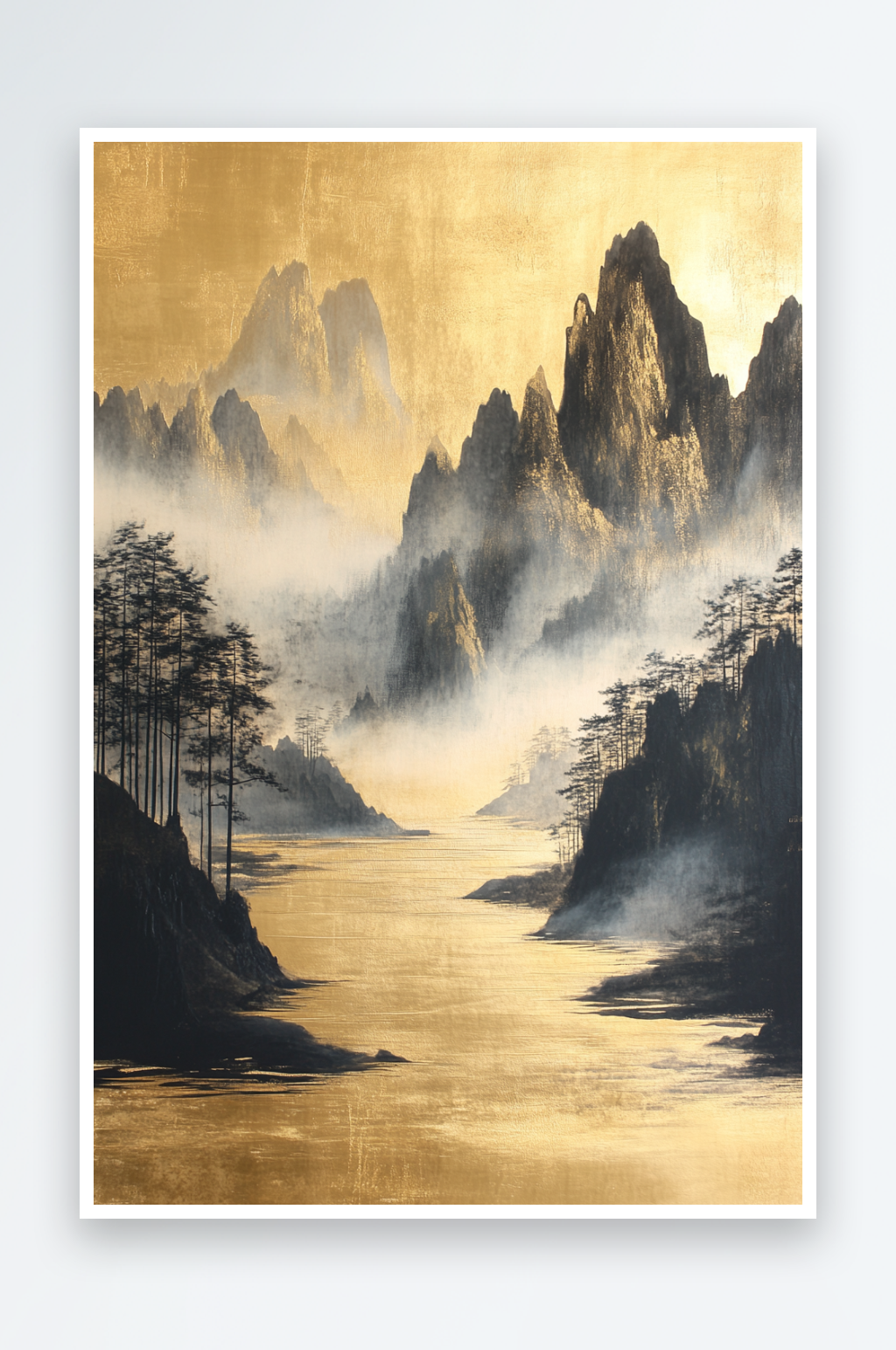 AI黑色中式鎏金山水画背景素材