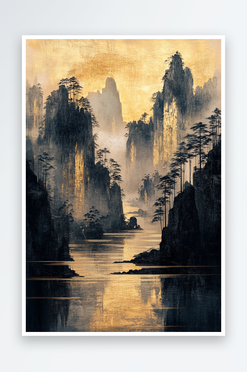 AI黑色中式鎏金山水画背景素材