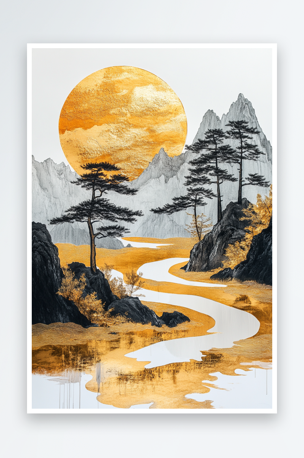 AI黑色中式鎏金山水画背景素材