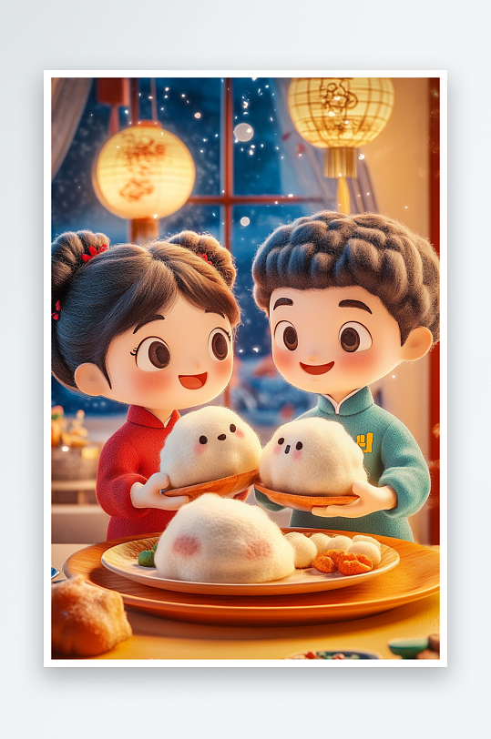 AI2025羊毛毡人物吃饺子包饺子插画模-众图网