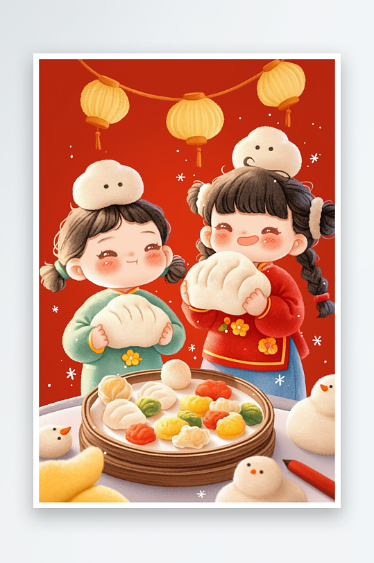 AI2025羊毛毡人物吃饺子包饺子插画模-众图网