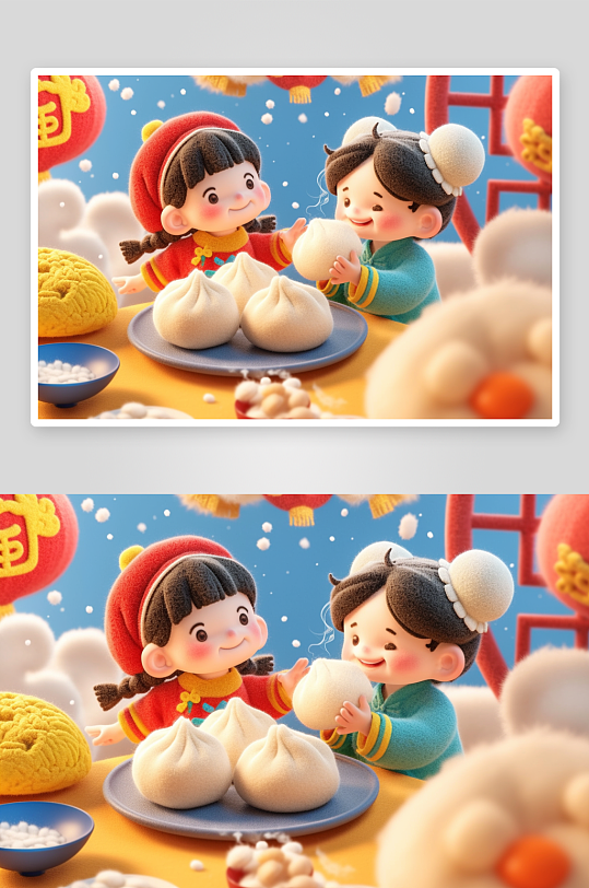 AI元旦羊毛毡人物吃饺子包饺子插画模-众图网
