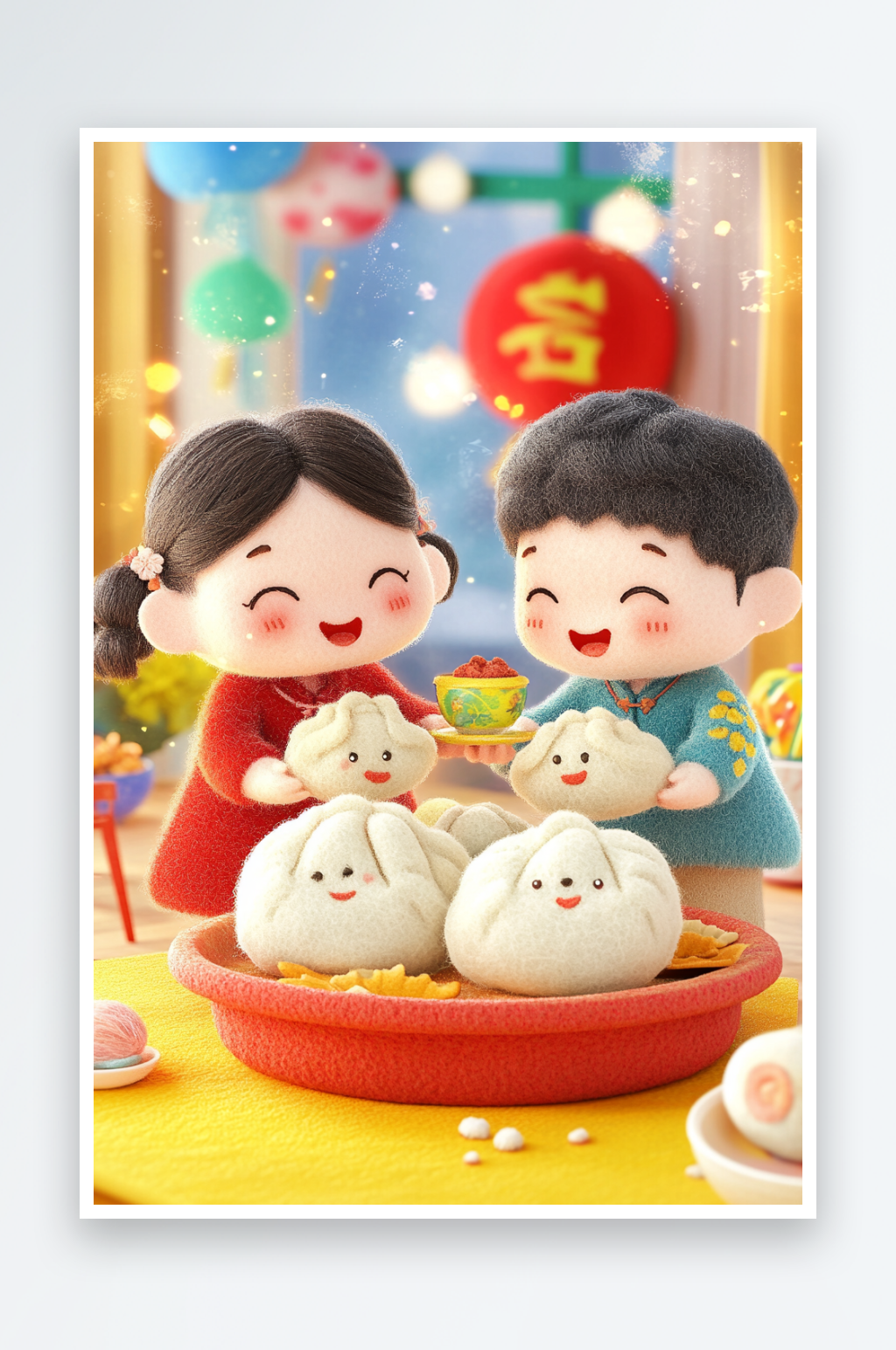 AI元旦包饺羊毛毡人物吃饺子包饺子插画模素材