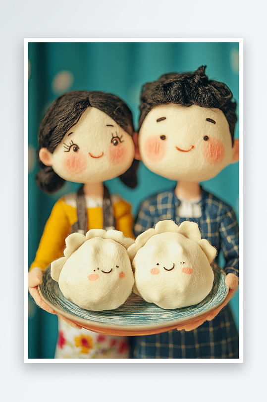 AI元旦包饺羊毛毡立冬冬至人物吃饺子包饺子插画模-众图网