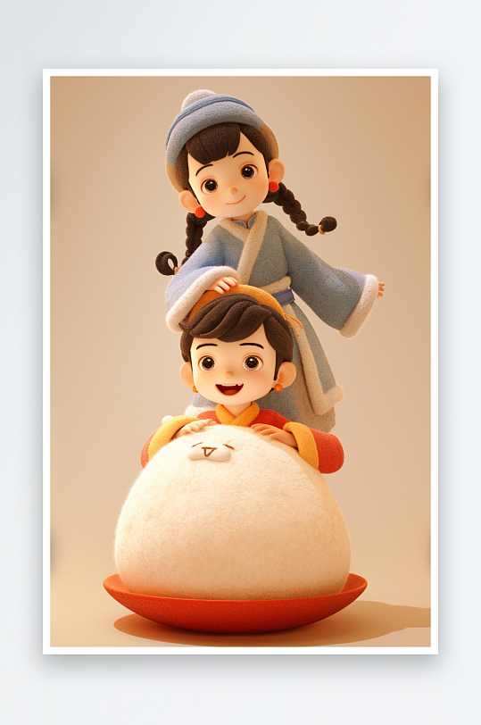AI数字艺术元宵节羊毛毡人物吃汤圆元宵插画模型-众图网