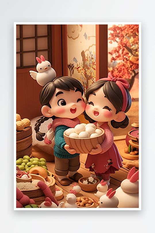 AI数字艺术元宵节羊毛毡人物吃汤圆元宵插画模型-众图网