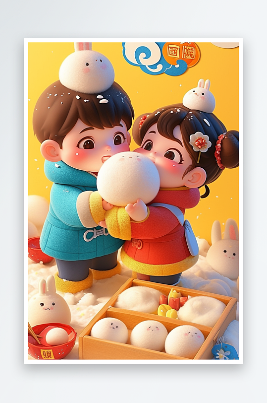 AI数字艺术元宵节羊毛毡人物吃汤圆元宵插画模型-众图网