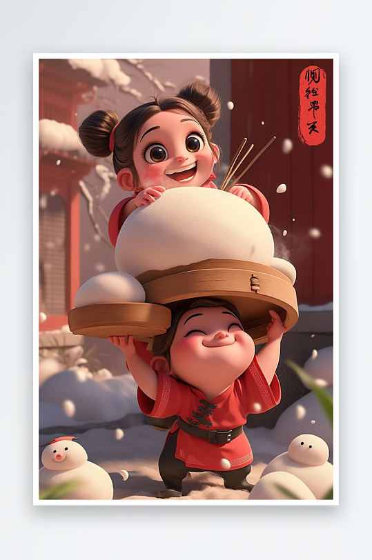 AI数字艺术元宵节羊毛毡人物吃汤圆元宵插画模型-众图网