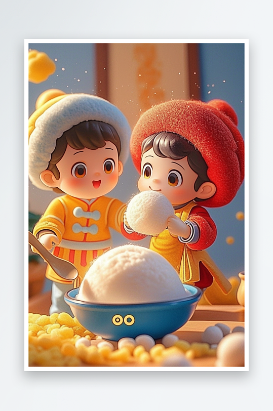AI蛇年元宵节羊毛毡人物吃汤圆元宵插画模型-众图网